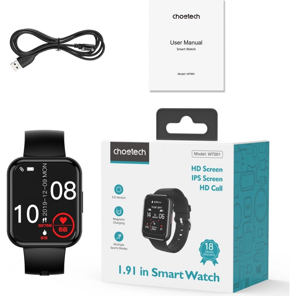 Choetech WT001 Smartwatch Bluetooth 5.0 IP67 wasserdicht - Multifunktionale Sportuhr mit Anrufbeantwortung - Schwarz