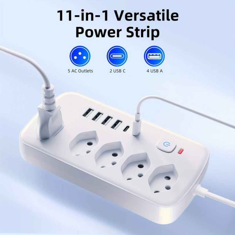 11-in-1-Steckdosenleiste mit Überladungsschutz (5 Steckdosen, 4x USB-A, 2x USB-C, Switch on & off) - Weiss