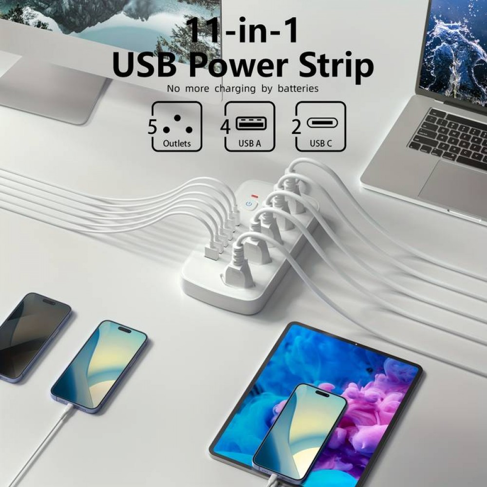 11-in-1-Steckdosenleiste mit Überladungsschutz (5 Steckdosen, 4x USB-A, 2x USB-C, Switch on & off) - Weiss