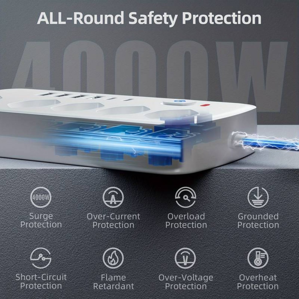 11-in-1-Steckdosenleiste mit Überladungsschutz (5 Steckdosen, 4x USB-A, 2x USB-C, Switch on & off) - Weiss