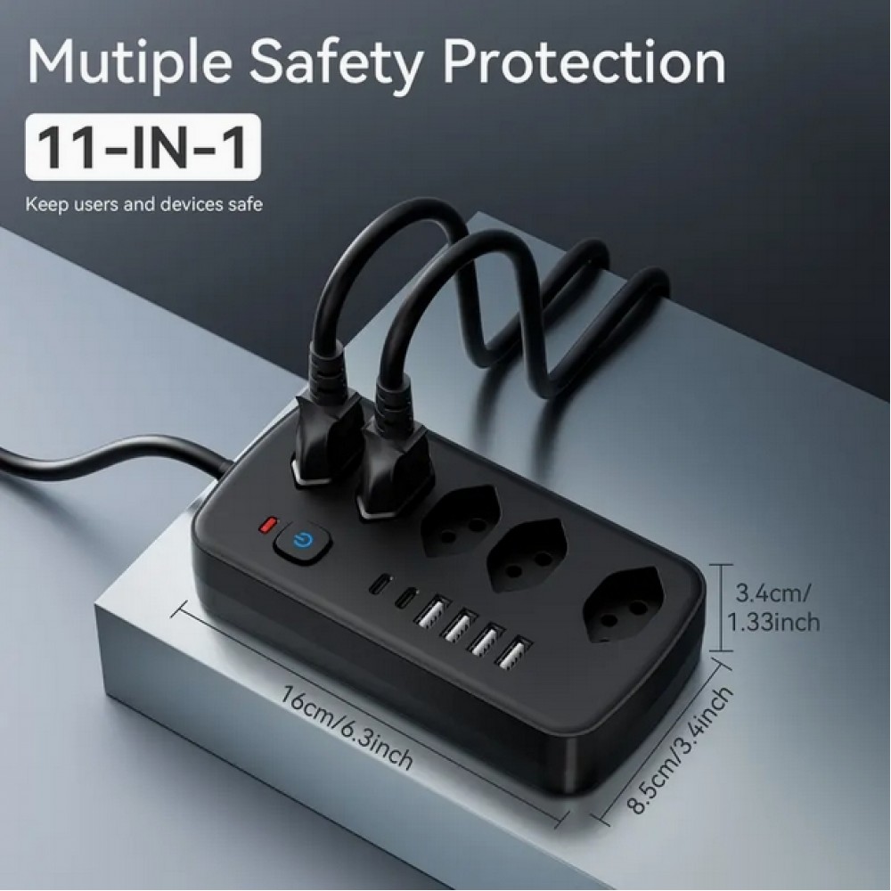 11-in-1-Steckdosenleiste mit Überladungsschutz (5 Steckdosen, 4x USB-A, 2x USB-C, Switch on & off) - Schwarz