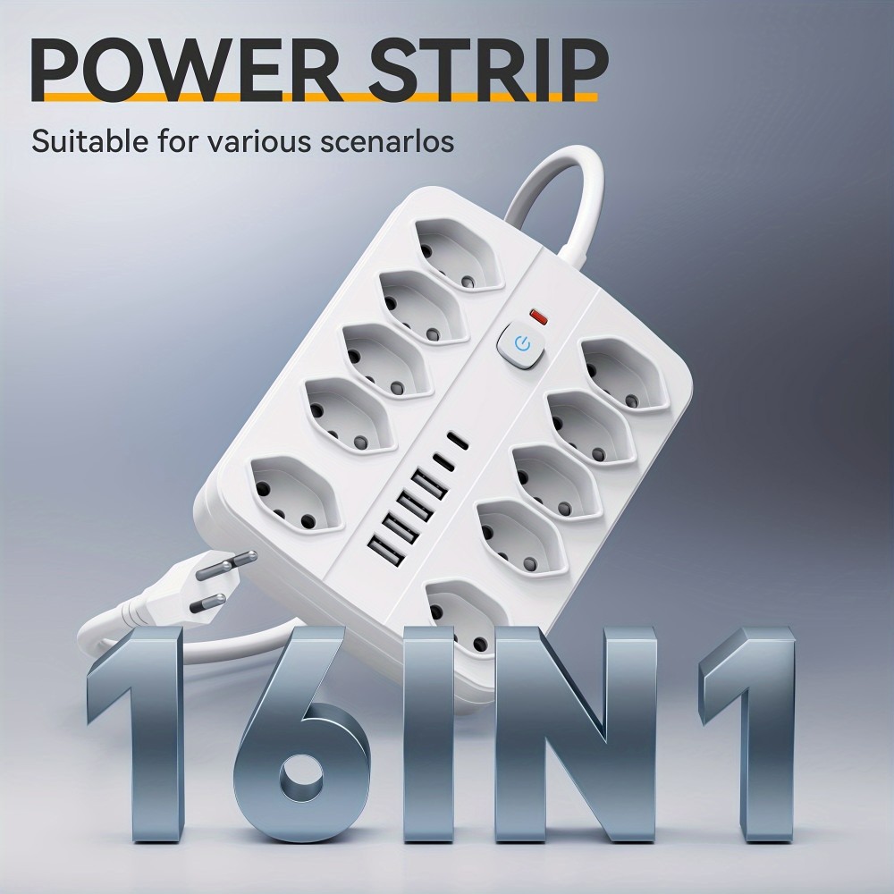16-in-1 Steckdosenleiste (10 AC-Steckdosen / 4 USB-A-Ports / 2 USB-C-Ports) mit Ein/Aus-Schalter und Überlastschutz - Weiss