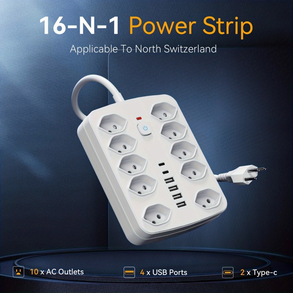 16-in-1 Steckdosenleiste (10 AC-Steckdosen / 4 USB-A-Ports / 2 USB-C-Ports) mit Ein/Aus-Schalter und Überlastschutz - Weiss