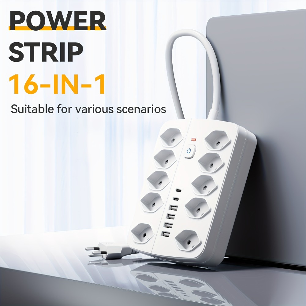 16-in-1 Steckdosenleiste (10 AC-Steckdosen / 4 USB-A-Ports / 2 USB-C-Ports) mit Ein/Aus-Schalter und Überlastschutz - Weiss