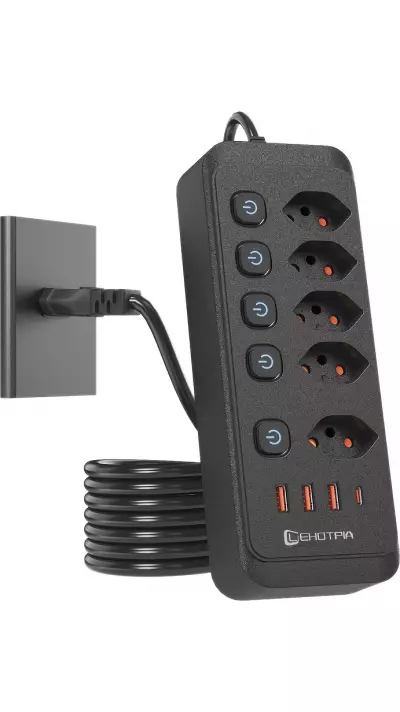 Steckdosenleiste 2500W mit 5 AC-Steckdosen und einzelnen Schaltern, 4 USB-Ports inkl. 1 USB-C - Schwarz