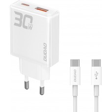 Pack GaN Dudao A30EUT 30W USB-A / USB-C Wandladegerät mit USB-C zu USB-C Kabel Schnellladeadapter - Weiss