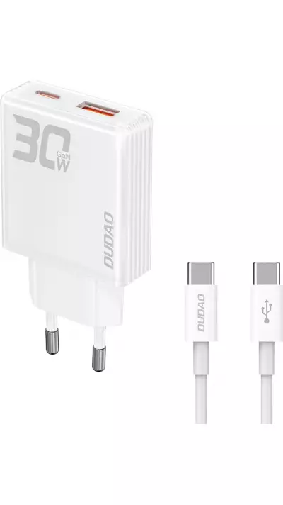 Pack GaN Dudao A30EUT 30W USB-A / USB-C Wandladegerät mit USB-C zu USB-C Kabel Schnellladeadapter - Weiss