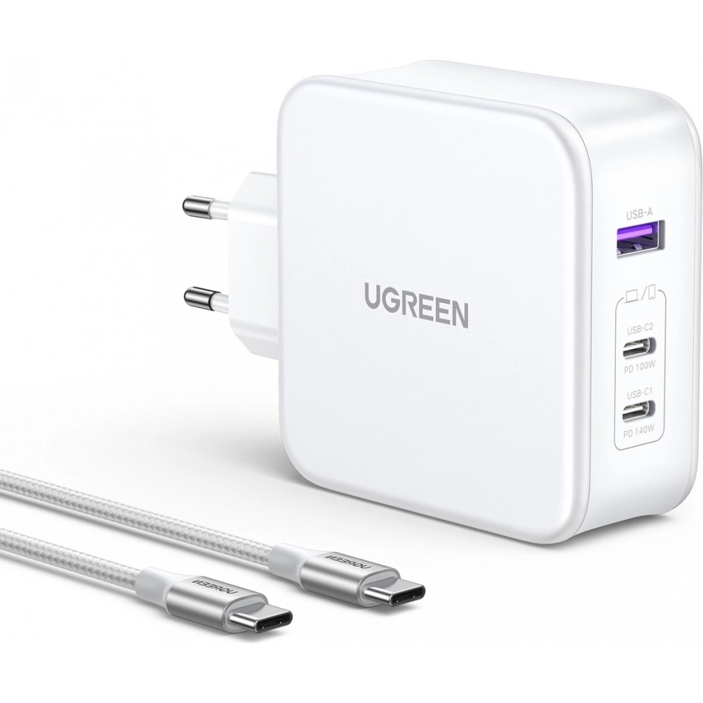 Ugreen Nexode CD289 140W GaN Wandladeger&auml;t und Kabel - 1,5m USB-C auf USB-C, 2xUSB-C, USB-A - Weiss