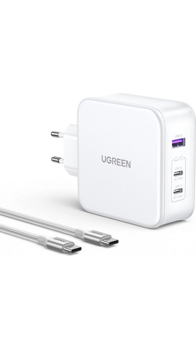 Ugreen Nexode CD289 140W GaN Wandladegerät und Kabel - 1,5m USB-C auf USB-C, 2xUSB-C, USB-A - Weiss