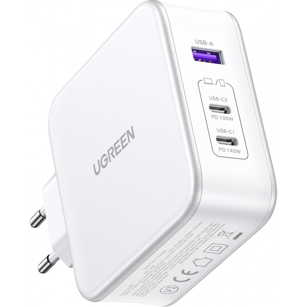 Ugreen Nexode CD289 140W GaN Wandladeger&auml;t und Kabel - 1,5m USB-C auf USB-C, 2xUSB-C, USB-A - Weiss