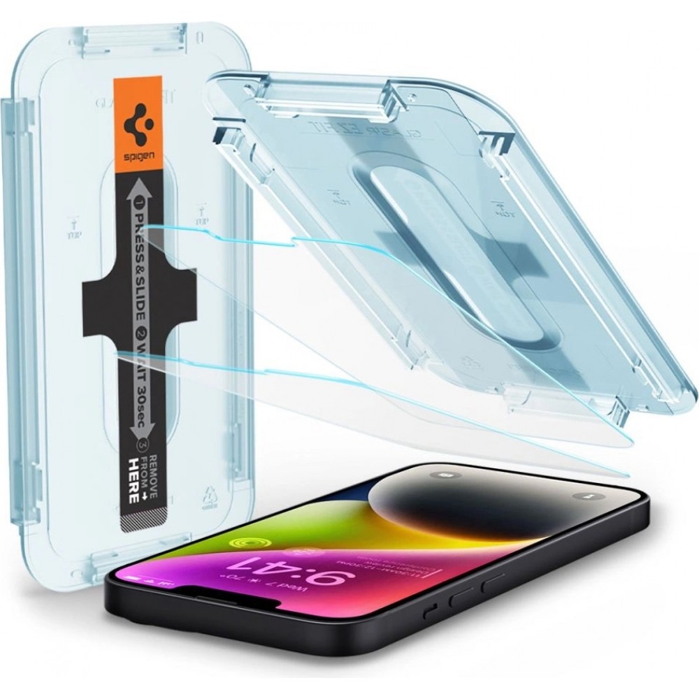 Spigen Glas.tR EZ Fit 2er Pack Schutzfolien mit einfachem Installationssystem - iPhone 13 / 13 Pro / 14 / 16e
