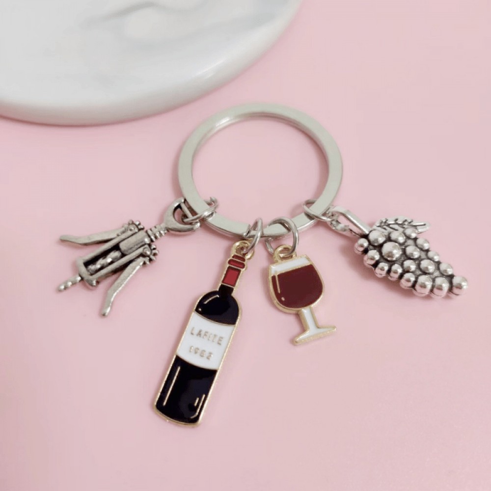 Schlüsselanhänger aus Metall Anhänger Flasche Weinglas und Weintraube - Silber
