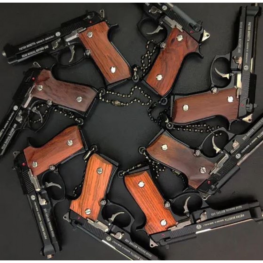 Ultra realistischer Premium Schlüsselanhänger Pistole Beretta mit Echtholzgriff (Farbe zufällig)