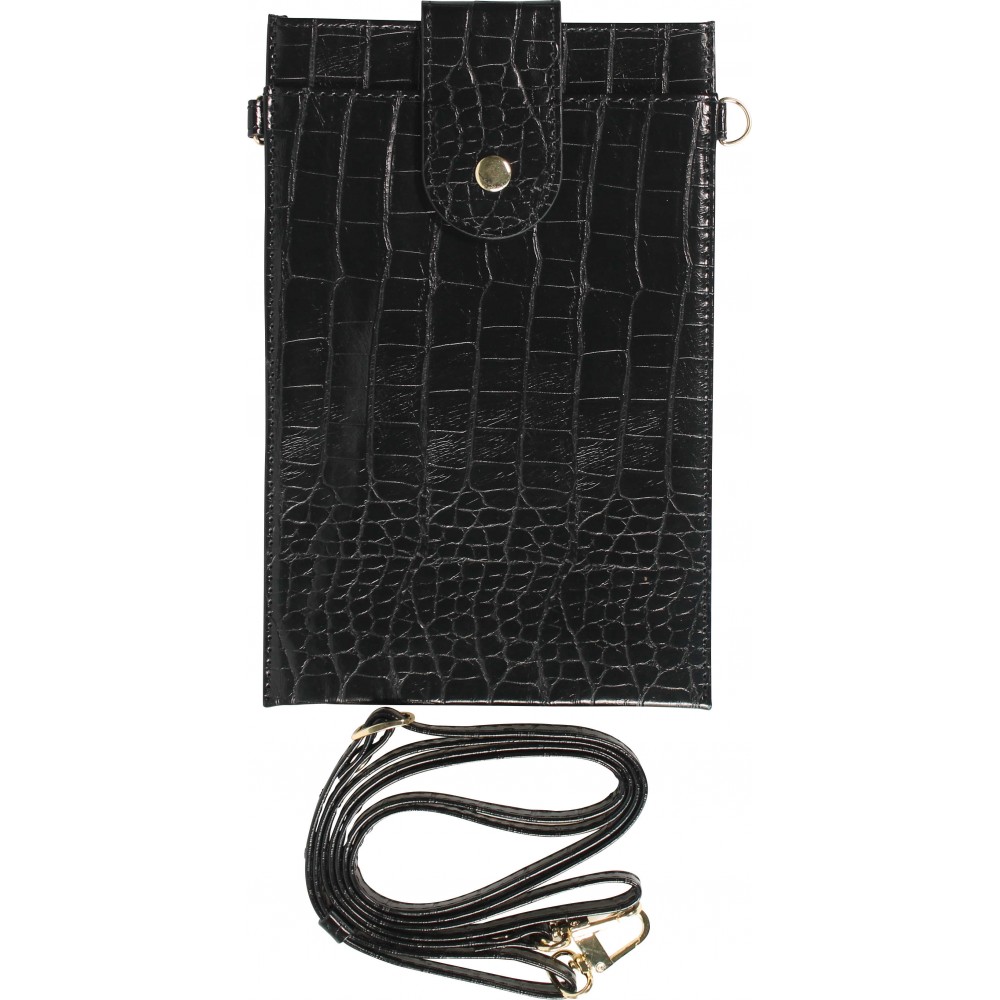 Elegante Universal-Smartphone- Tasche in luxuriöser Krokodil-Lederoptik mit Halsriemen - Schwarz