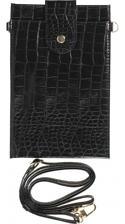 Portefeuille elégante universel pour smartphone luxueux en look cuir de crocodile avec lanière de cou - Noir