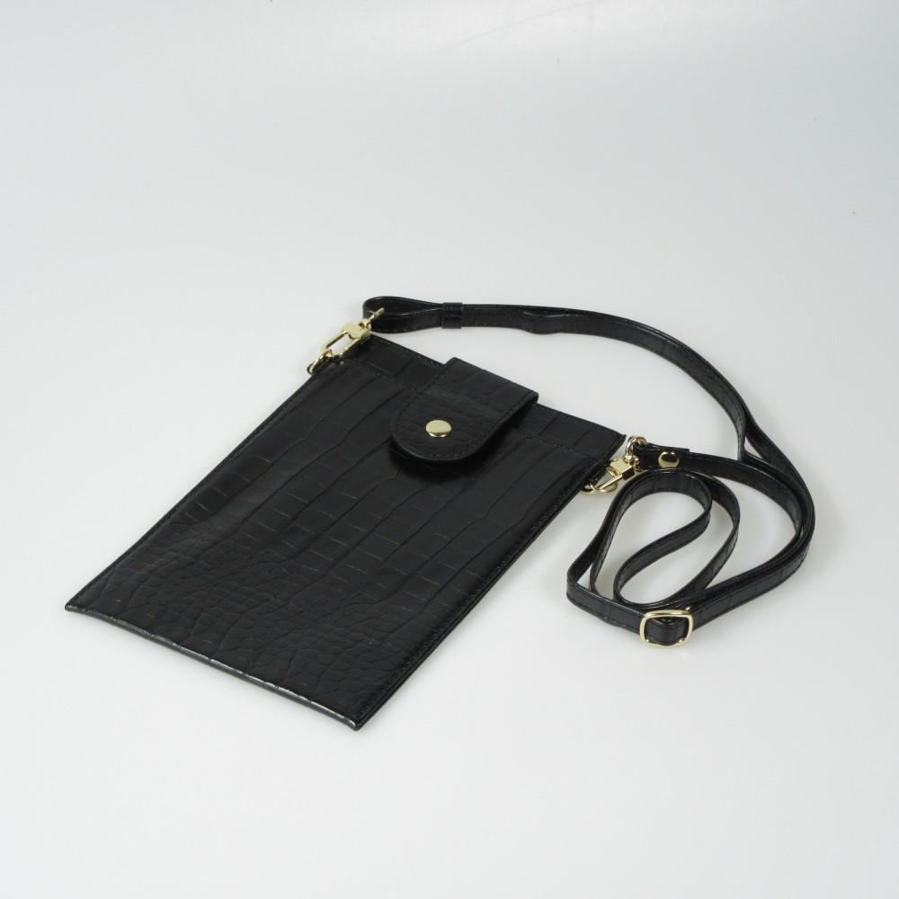 Elegante Universal-Smartphone- Tasche in luxuriöser Krokodil-Lederoptik mit Halsriemen - Schwarz