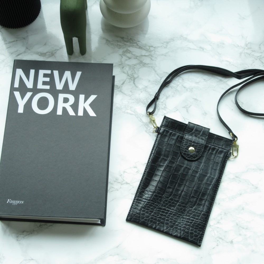 Elegante Universal-Smartphone- Tasche in luxuriöser Krokodil-Lederoptik mit Halsriemen - Schwarz
