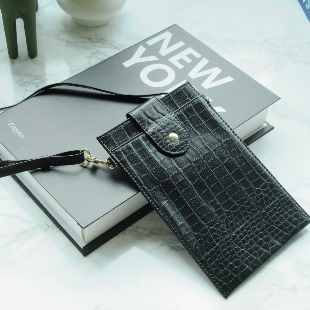 Elegante Universal-Smartphone- Tasche in luxuriöser Krokodil-Lederoptik mit Halsriemen - Schwarz