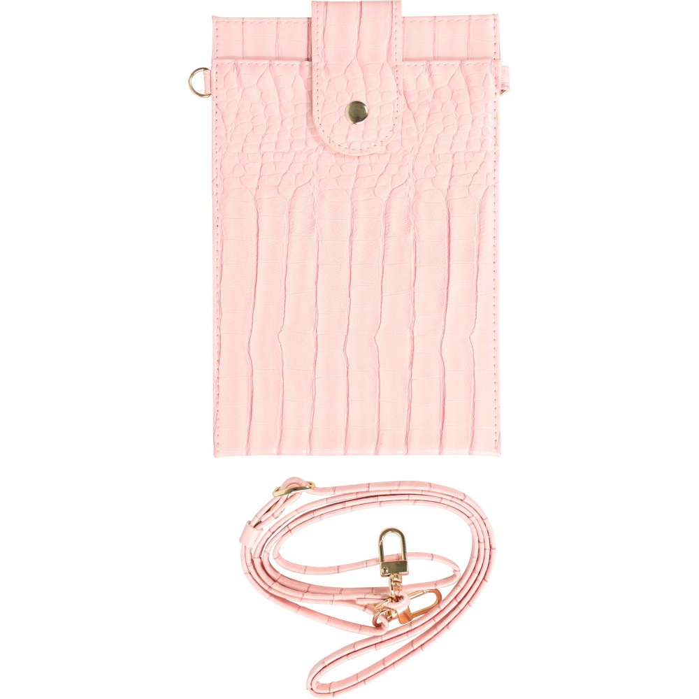 Elegante Universal-Smartphone- Tasche in luxuriöser Krokodil-Lederoptik mit Halsriemen - Rosa