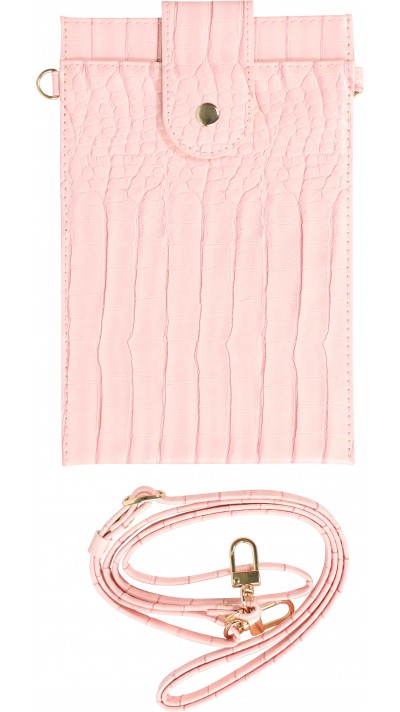 Elegante Universal-Smartphone- Tasche in luxuriöser Krokodil-Lederoptik mit Halsriemen - Rosa