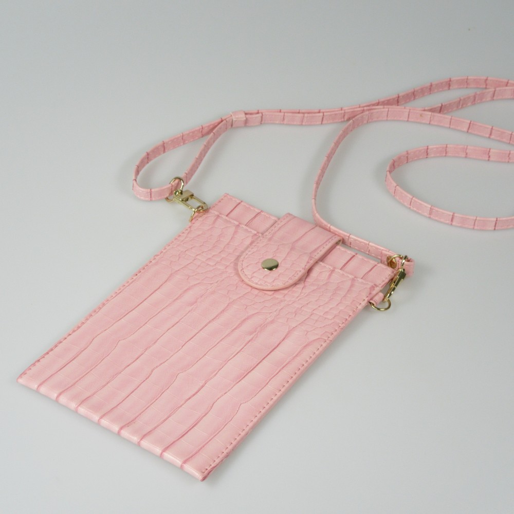 Elegante Universal-Smartphone- Tasche in luxuriöser Krokodil-Lederoptik mit Halsriemen - Rosa