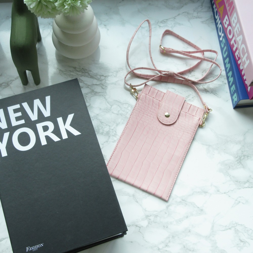 Elegante Universal-Smartphone- Tasche in luxuriöser Krokodil-Lederoptik mit Halsriemen - Rosa