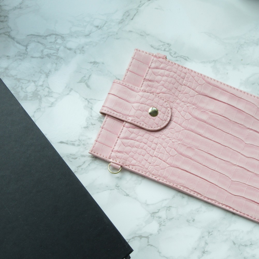 Elegante Universal-Smartphone- Tasche in luxuriöser Krokodil-Lederoptik mit Halsriemen - Rosa