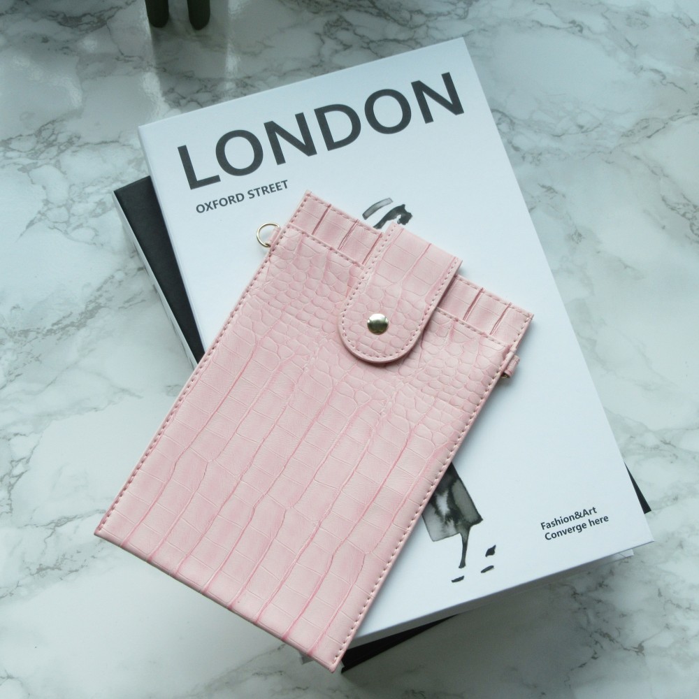Elegante Universal-Smartphone- Tasche in luxuriöser Krokodil-Lederoptik mit Halsriemen - Rosa