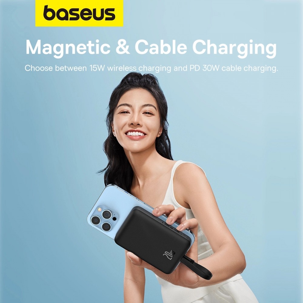 Baseus Magnetische Powerbank 10000mAh 20W mit integriertem Lightning-Kabel und 60W USB-C - Schwarz