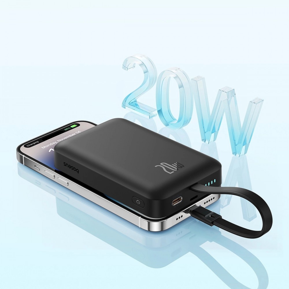 Baseus Magnetische Powerbank 10000mAh 20W mit integriertem Lightning-Kabel und 60W USB-C - Schwarz