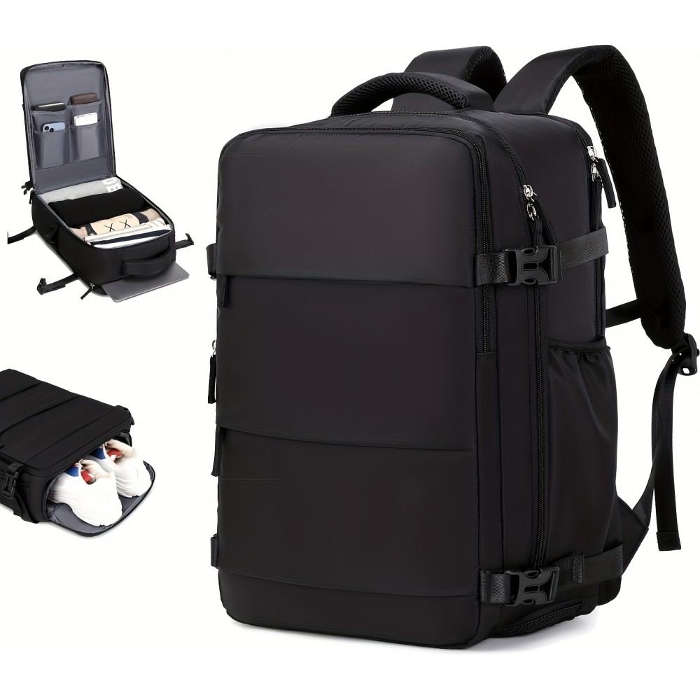 Sac à dos de voyage pour avion avec compartiment ordinateur portable et chaussures et port USB - Noir