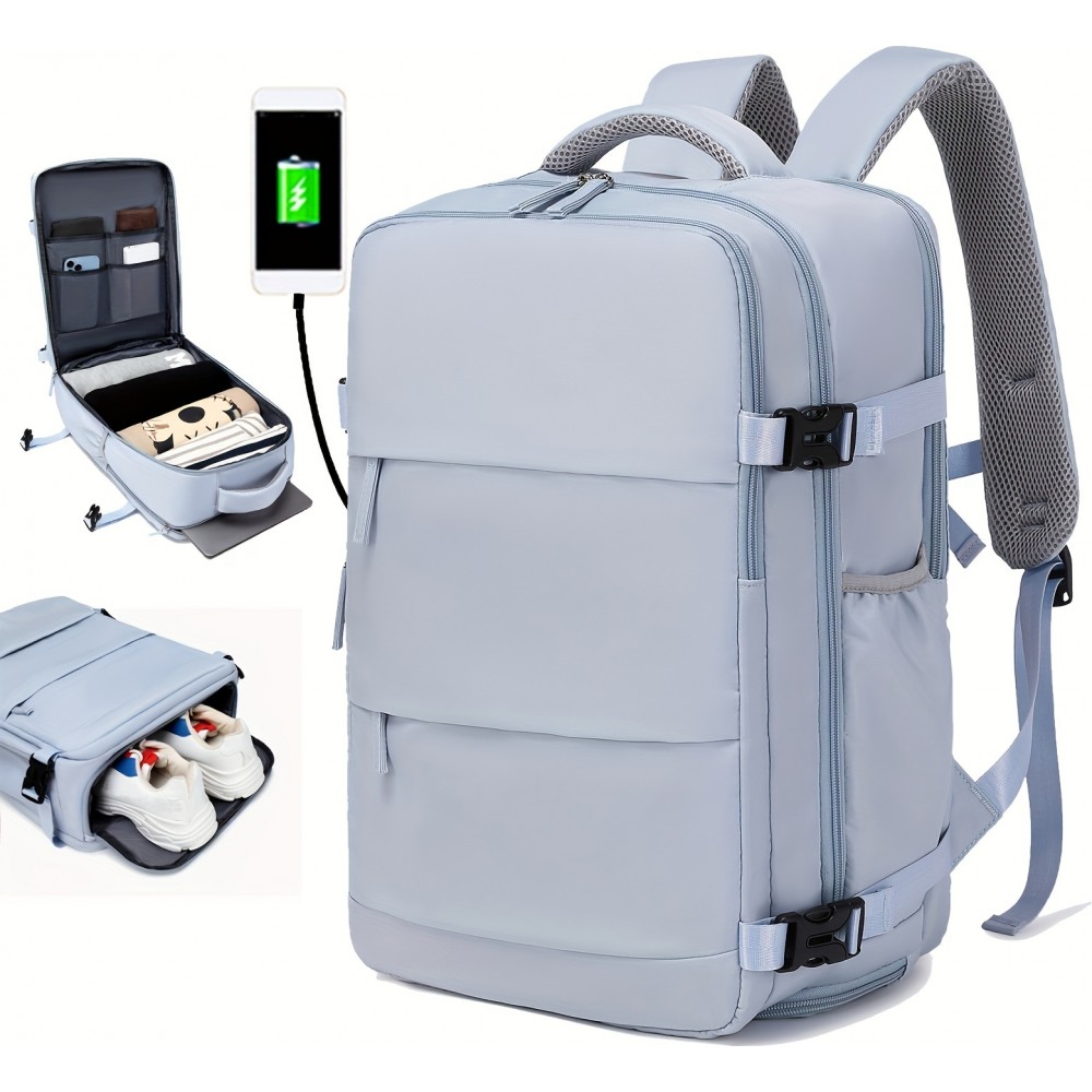 Sac à dos de voyage pour avion avec compartiment ordinateur portable et chaussures et port USB - Noir