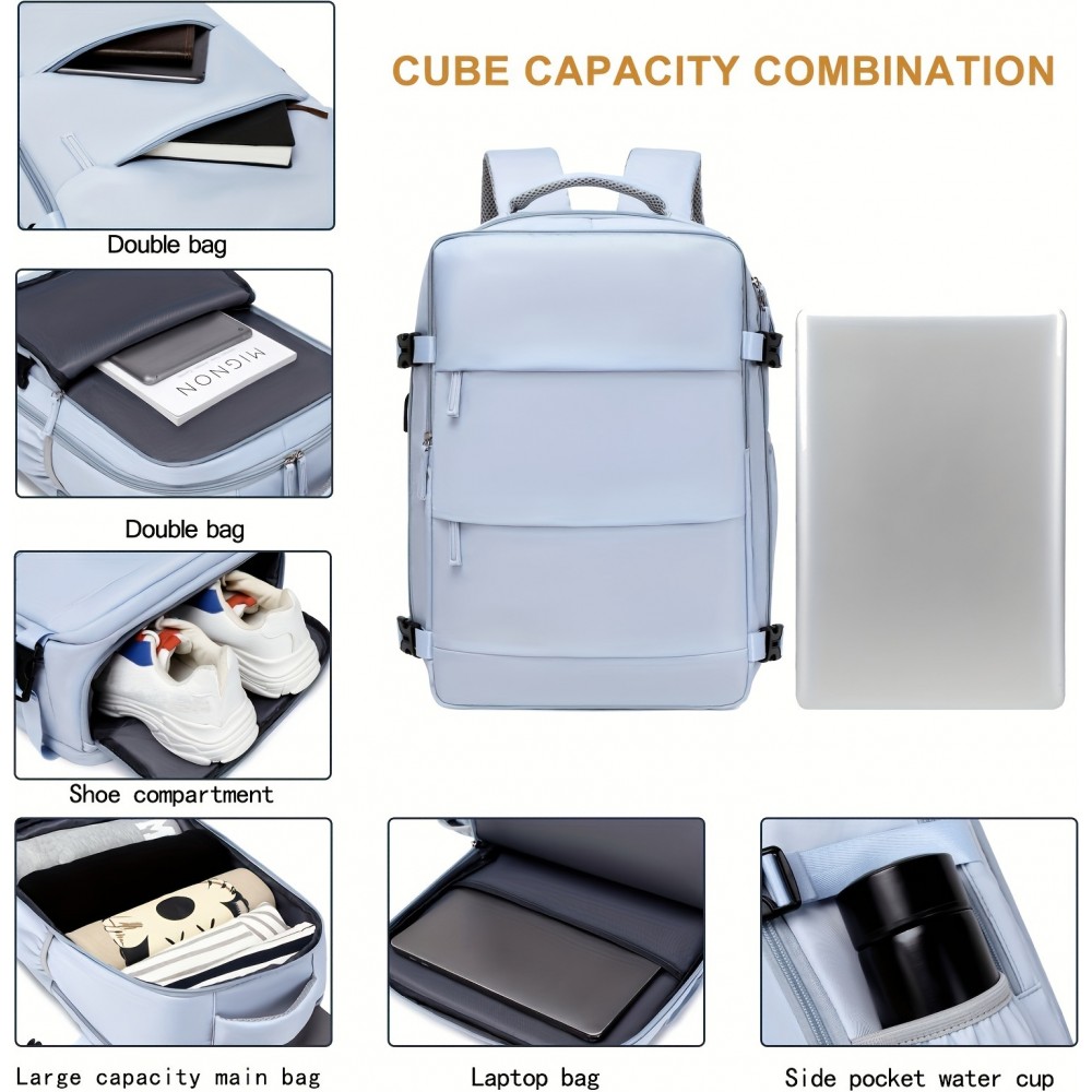 Sac à dos de voyage pour avion avec compartiment ordinateur portable et chaussures et port USB - Noir