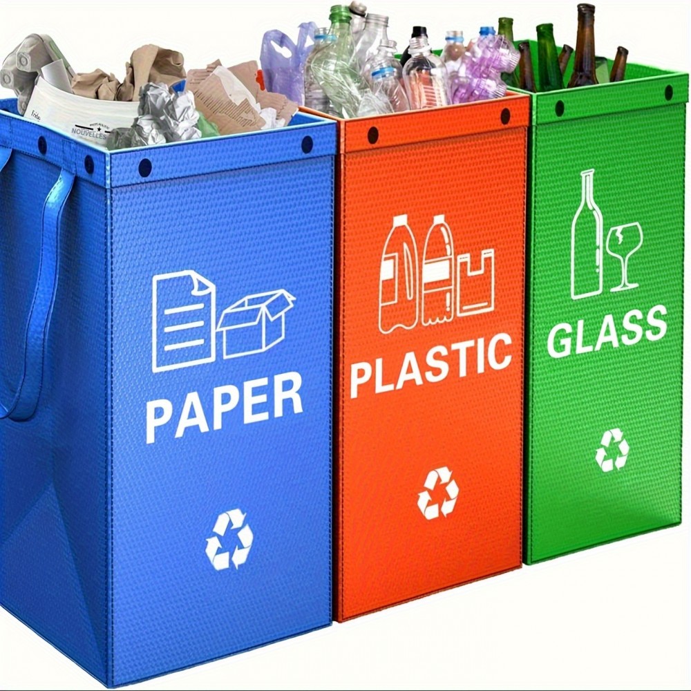 3-in-1 Faltbare M&uuml;lls&auml;cke mit 3 Farben f&uuml;r Abfalltrennung (Papier / Plastik / Glas)