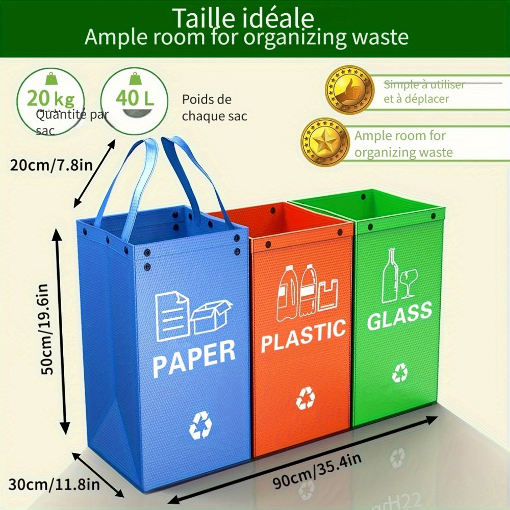 3-in-1 Faltbare M&uuml;lls&auml;cke mit 3 Farben f&uuml;r Abfalltrennung (Papier / Plastik / Glas)