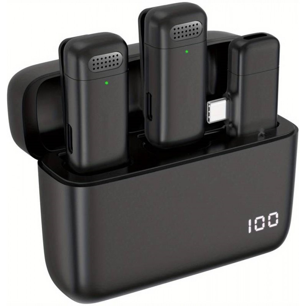 Set aus 2 Lavalier-Krawattenmikrofonen Professional Wireless Bluetooth 5.3 mit USB-C-Empfänger & Ladeetui - Schwarz