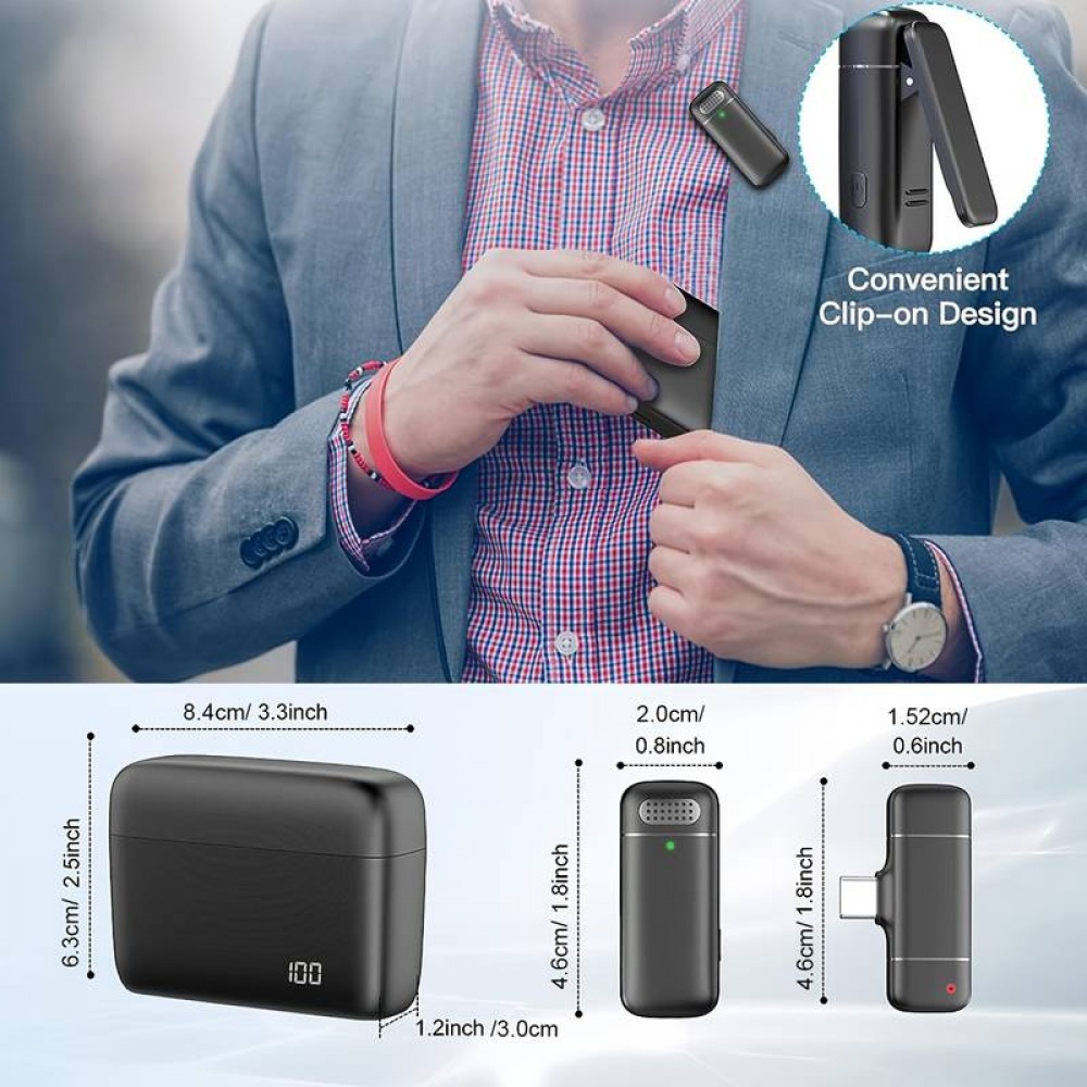 Set aus 2 Lavalier-Krawattenmikrofonen Professional Wireless Bluetooth 5.3 mit USB-C-Empfänger & Ladeetui - Schwarz