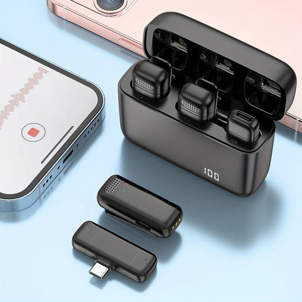 Set aus 2 Lavalier-Krawattenmikrofonen Professional Wireless Bluetooth 5.3 mit USB-C-Empfänger & Ladeetui - Schwarz