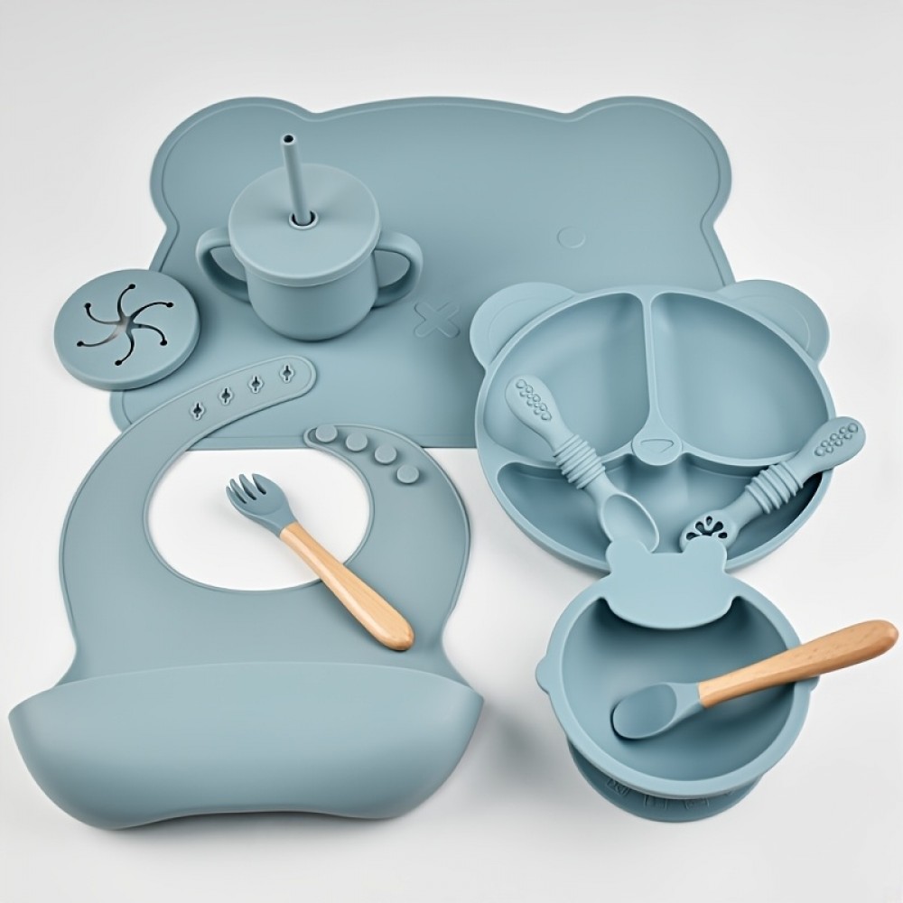 Baby-Silikon-Mahlzeit-Set 10 Teile (Teller/Schüssel/Lätzchen/Tasse/Löffel/Gabel) - Blau