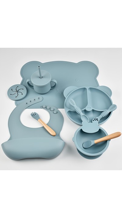 Baby-Silikon-Mahlzeit-Set 10 Teile (Teller/Schüssel/Lätzchen/Tasse/Löffel/Gabel) - Blau