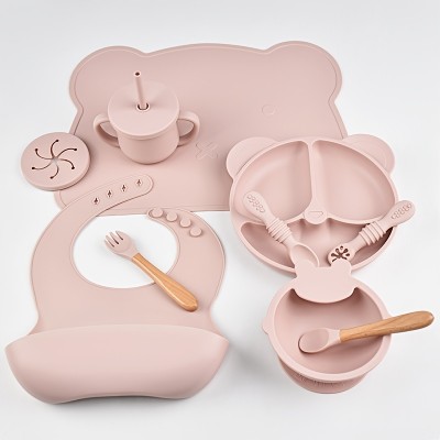 Baby-Silikon-Set 10 Teile (Teller/Schüssel/Lätzchen/Tasse/Löffel/Gabel) - Rosa