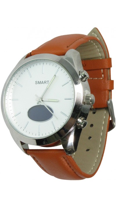Smartwatch T4 hybrid intelligente Uhr Quartz wasserdicht Herz Rythmus Echtleder Armband - Braun