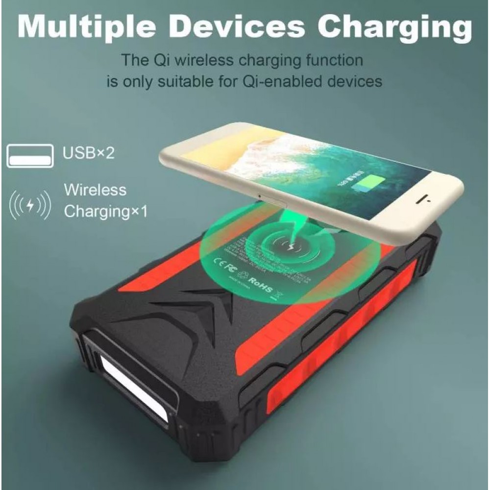 Solar Power Bank Outdoor 36000mAh externe Batterie mit Qi Wireless Charging - Schwarz