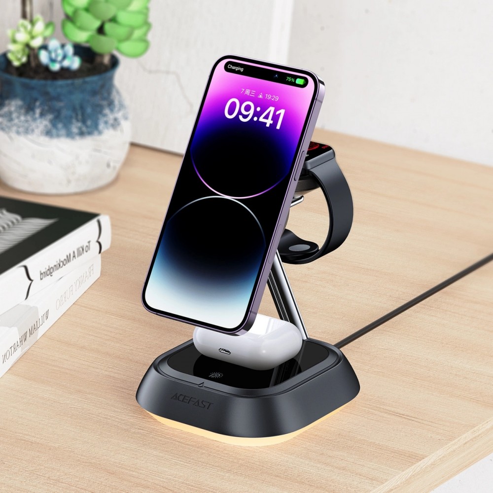 3 in 1 Acefast E16 15W induktive Ladestation Schnellladung für iPhone / AirPods / Apple Watch - Schwarz