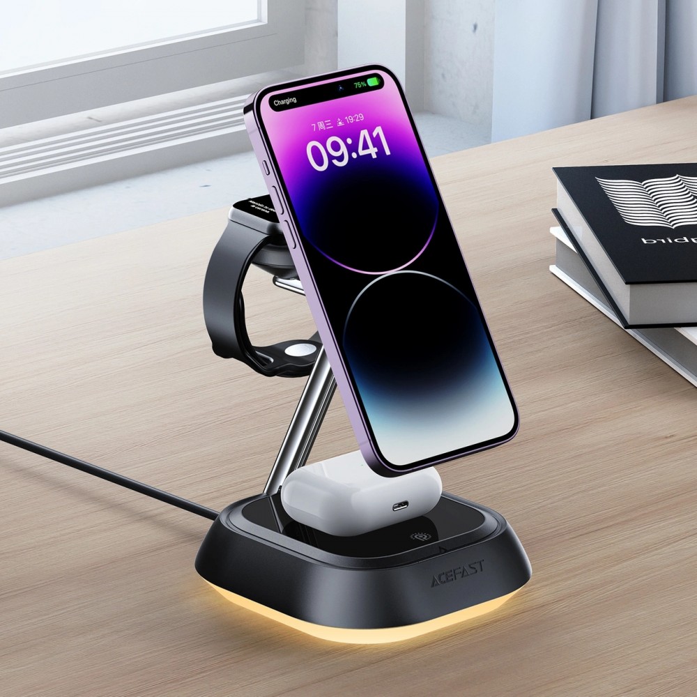 3 in 1 Acefast E16 15W induktive Ladestation Schnellladung für iPhone / AirPods / Apple Watch - Schwarz