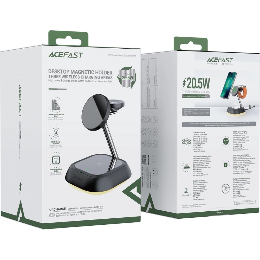 3 in 1 Acefast E16 15W induktive Ladestation Schnellladung für iPhone / AirPods / Apple Watch - Schwarz