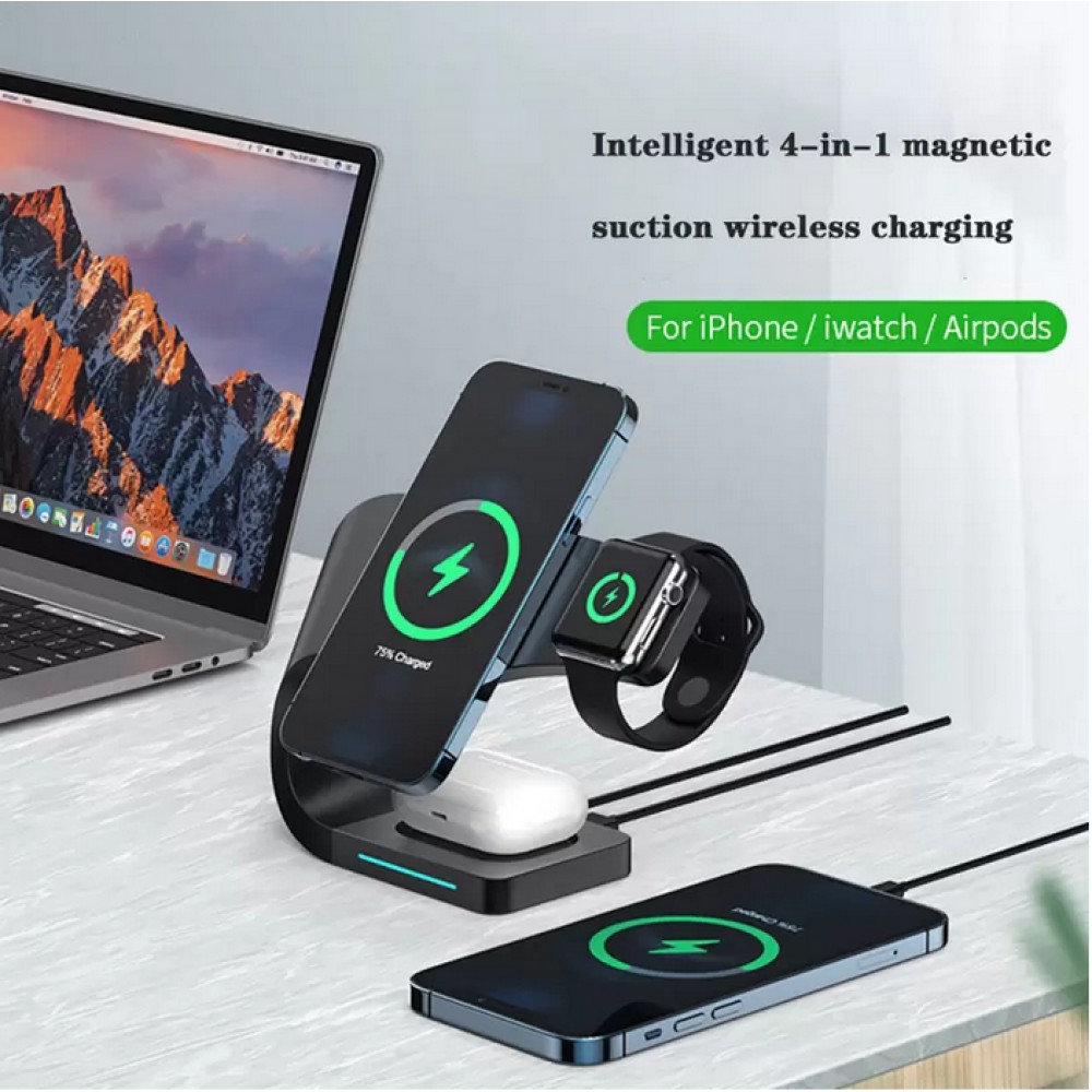 Magnetische Wireless Ladestation 15W für iPhone - Apple Watch, AirPods - Schwarz