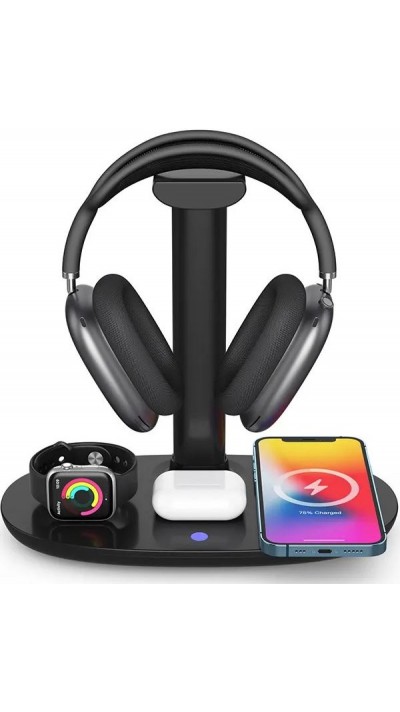 4 in 1 moderne 30W Ladestation wireless mit Kopfhörerhalterung für AirPods Max, iPhone, AppleWatch, AirPods - Schwarz