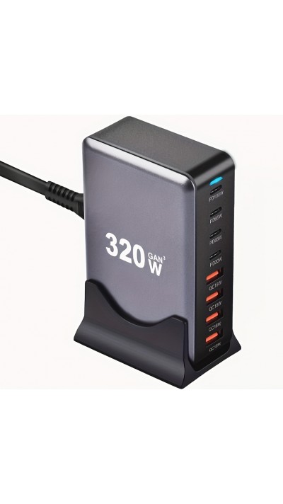 Schnellladegerät 320W Hub GaN III USB-C 8 Ports für PC/Tablet/Smartphone mit CH/EU Stecker - Grau