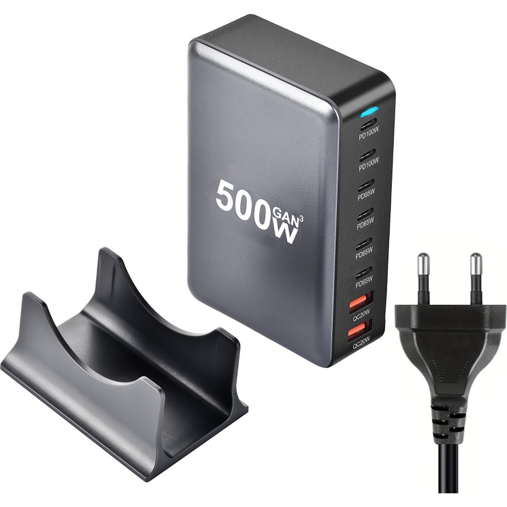 Schnellladegerät 500W 8 USB PD Quick Charge 3.0 USB-C mit Kabel CH/EU Stecker LED-Anzeige - Grau